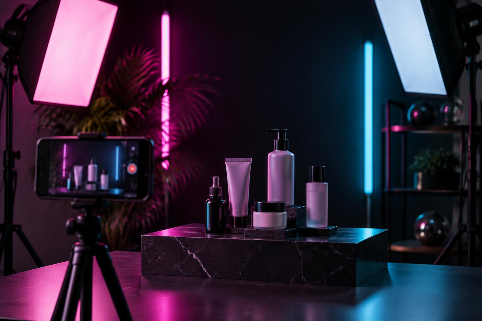 Neon-lit live selling studio with a phone on a tripod filming products